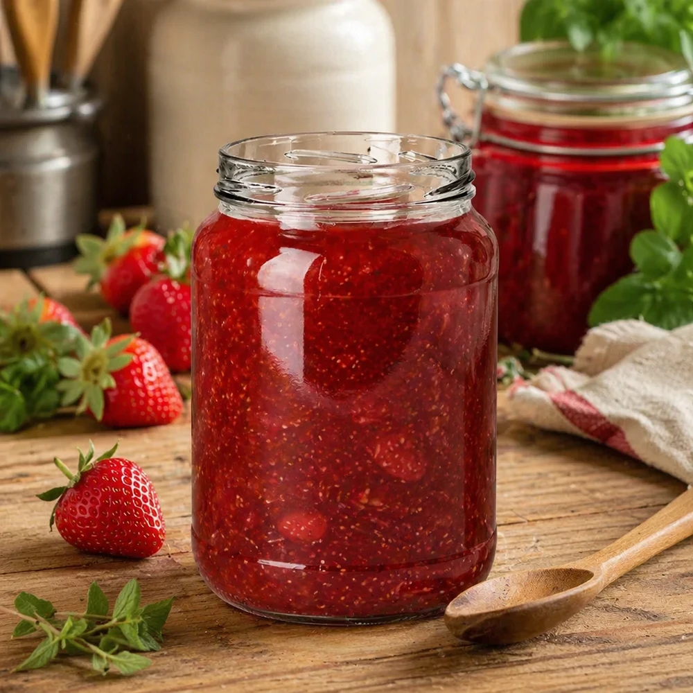UNiTWIST Runda1700 vaso riempito di marmellata di fragole 1700ml TO100 vaso da conserva cucina tavolo in legno
