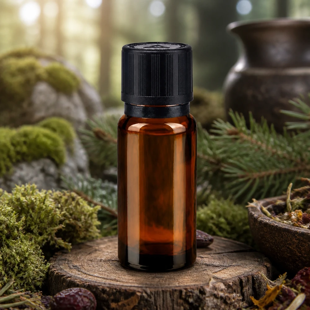 10ml bre. Gocciolatore. OV KiSi Bli nero/1mm ApoGlas Flacone contagocce da 10 ml in vetro da farmacia con apertura da 1 mm, appoggiato su un disco di legno in un ambiente boschivo naturale