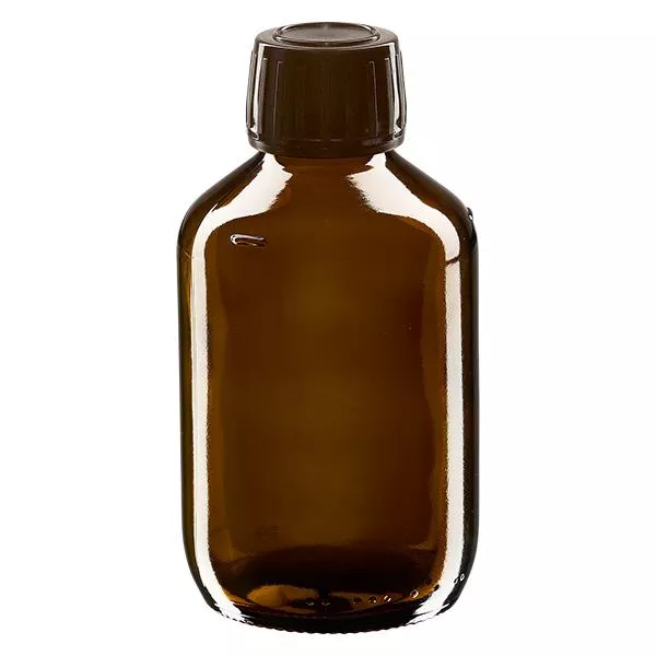 Flacone per medicinali da 200 ml marrone, tappo marrone con chiusura antimanomissione