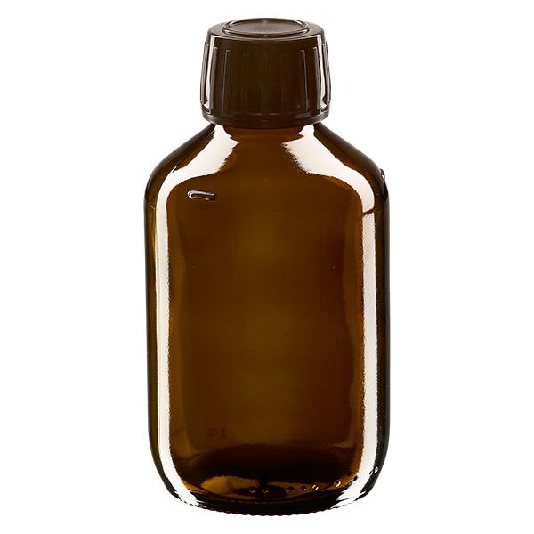 Flacone per medicinali da 200 ml marrone, tappo marrone con chiusura antimanomissione Flacone per medicinali da 200 ml marrone, tappo marrone con chiusura antimanomissione