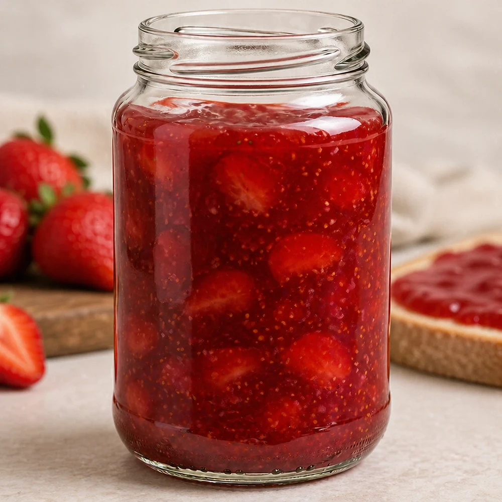 UNiTWIST Runda375 Rundglas 375ml TO63 gefüllt mit selbstgemachter Erdbeermarmelade neben frischen Erdbeeren und Brot