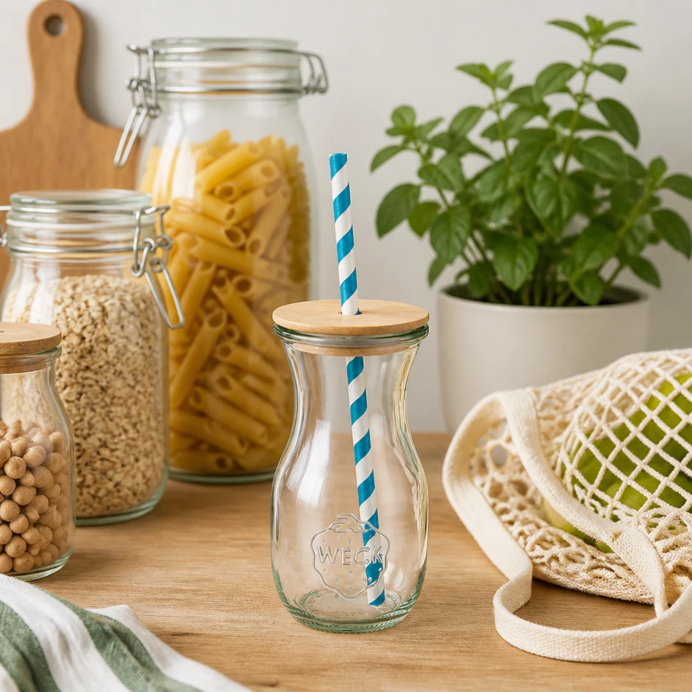 6 x WECK 290ml bottiglia di succo RR60 con coperchio in legno e 100 eco S WECK bottiglia di succo 290ml cucina sostenibile zero rifiuti bottiglie di vetro barattoli di stoccaggio pasta coperchio di legno eco cannuccia