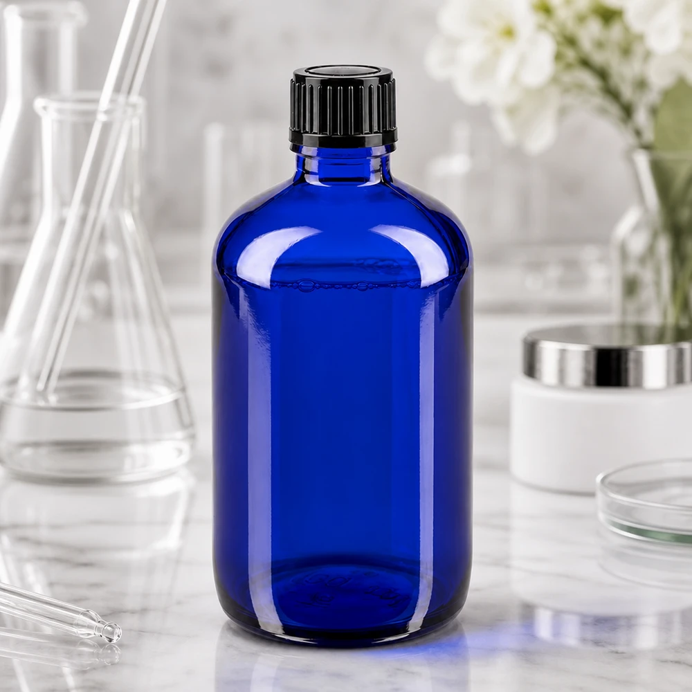 Apothekenflasche blau 100ml Schraubverschluss schwarz Standard Blaue Medizinflasche 100ml mit schwarzem Verschluss zwischen Laborgeräten und Glaskolben