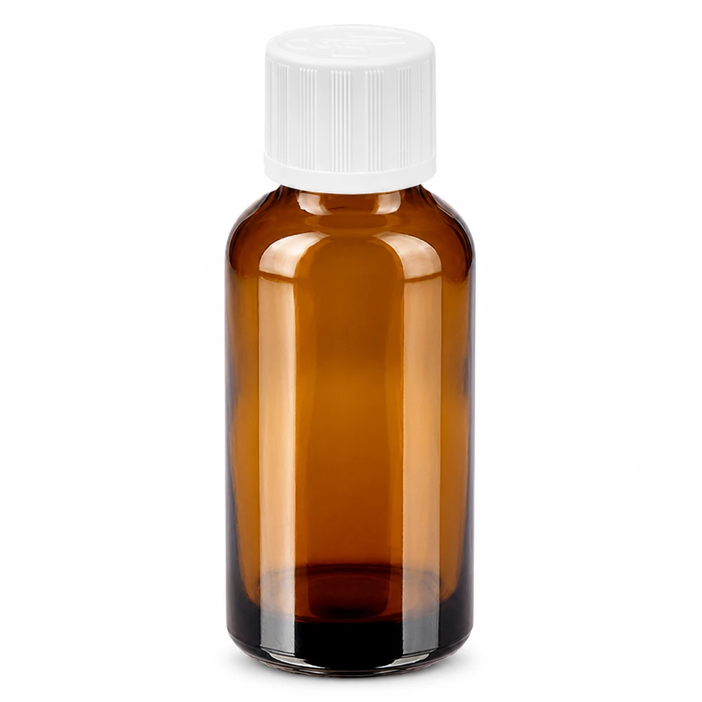 30ml Flasche 11mm Schraubverschluss weiß Standard Kindersicherung BrownLine UT18/30 Kompakte braune Laborflasche 30ml mit weißem Schraubdeckel und UV-Schutz