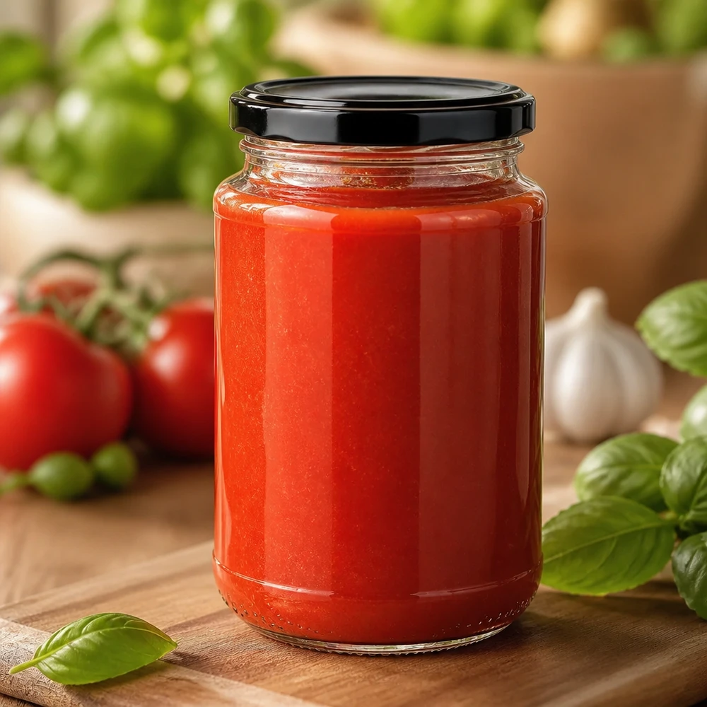 320ml Rundglas + BasicSeal schwarz UNiTWIST Hausgemachte Tomatensauce in 320ml UNiTWIST Rundglas mit schwarzem Twist-Off-Deckel