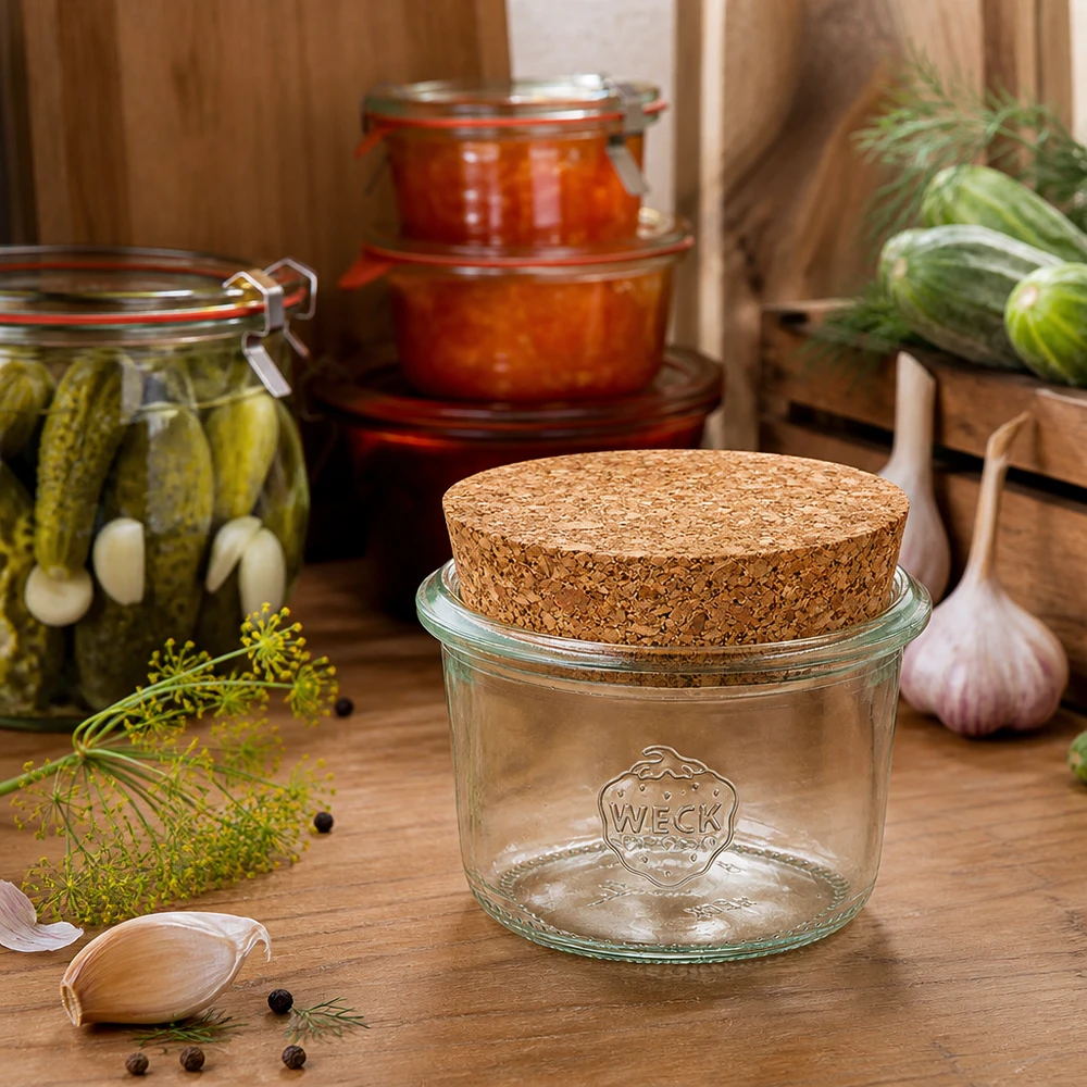 80ml Sturzglas WECK RR60 mit Korken natur WECK RR60 Sturzglas 80ml mit Korken in rustikaler Küche neben eingelegten Gurken und frischen Kräutern