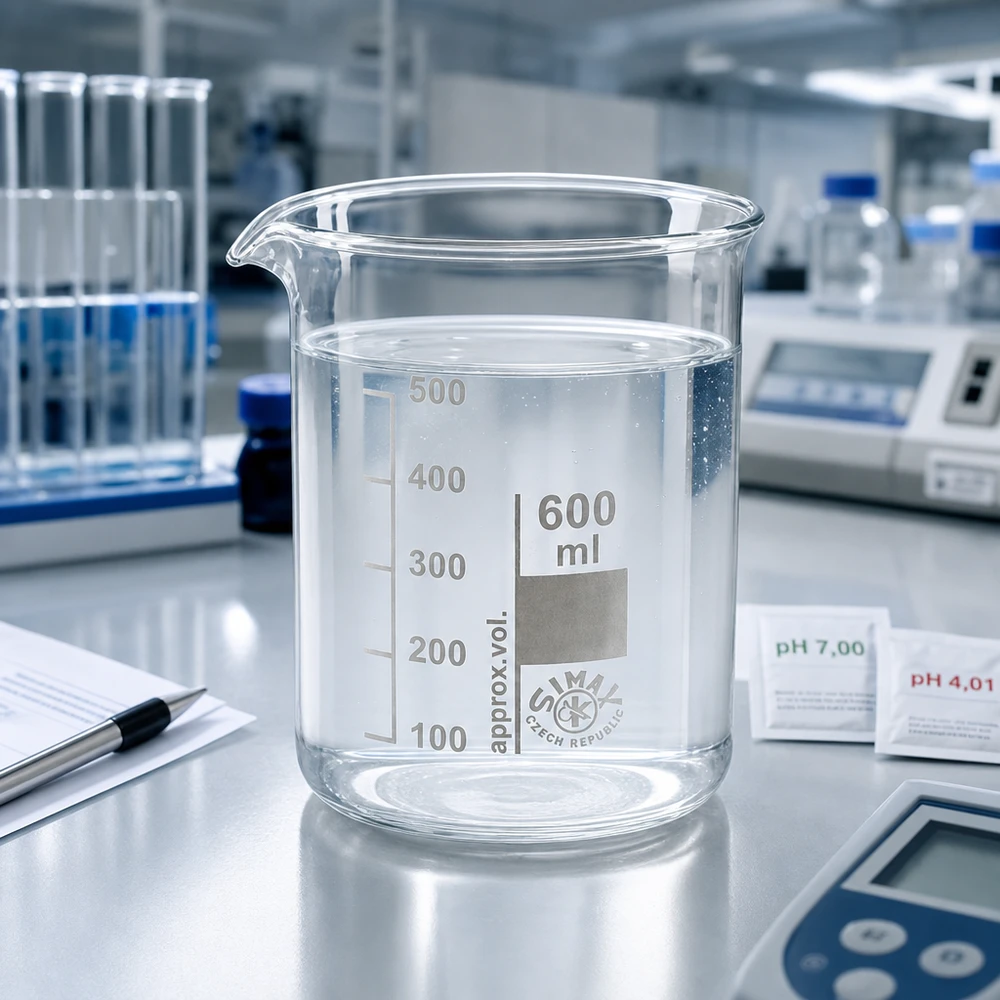 Bicchiere 600ml in vetro borosilicato, forma bassa Bicchiere trasparente da 600 ml in vetro borosilicato di forma ridotta per misurazioni professionali in laboratorio