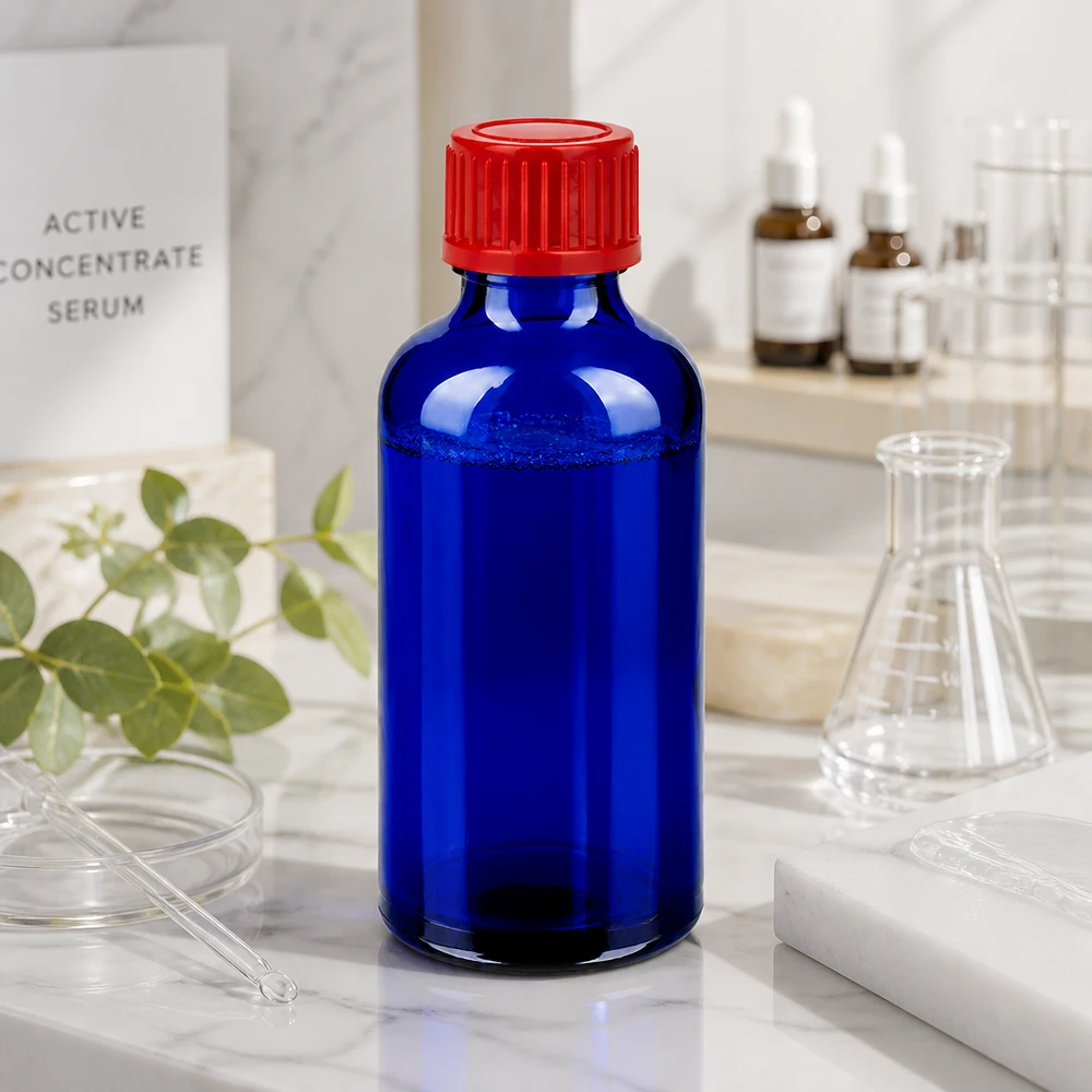 Bottiglia di precisione 50ml serie BlueLine per applicazioni di laboratorio con tappo standard rosso