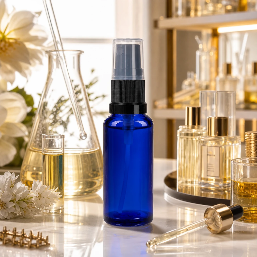 30ml blaues Apothekerglas Sprühfläschchen mit schwarzem Pumpkopf in eleganter Parfümerie-Umgebung