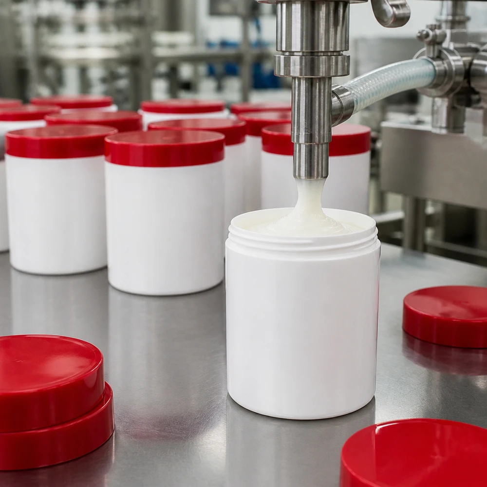 Pot à pommade de 300 g, blanc, couvercle rouge en PP, sur convoyeur en acier inoxydable, processus de remplissage
