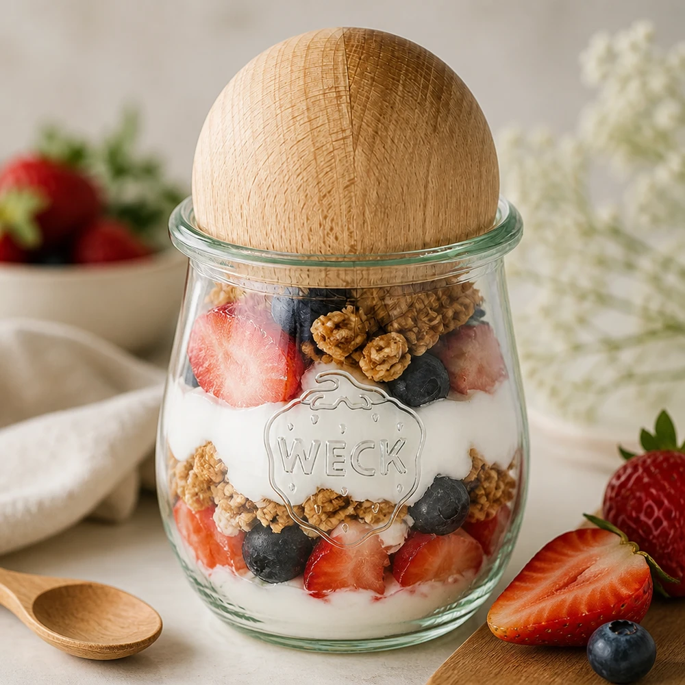 Vaso per tulipani da 220 ml WECK RR60 con sfera in legno di faggio WECK vaso a tulipano RR60 220ml come parfait di yogurt con frutti di bosco e noci, tappo a sfera in legno di faggio per dolci