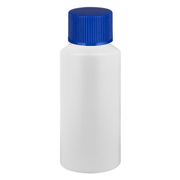 Flacone farmaceutico HDPE 30ml bianco, con SV blu Flacone farmaceutico HDPE 30ml bianco, con SV blu