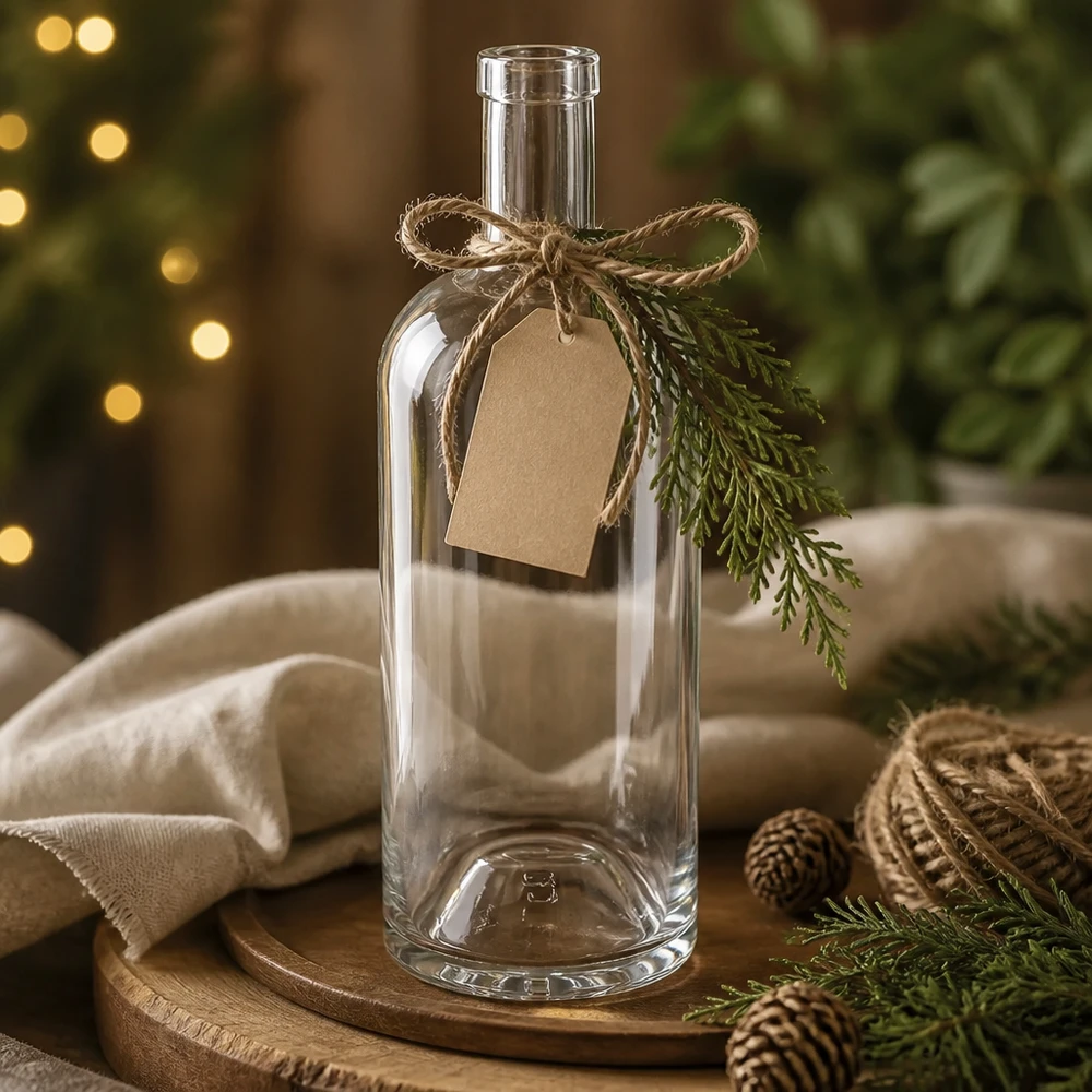Bottiglia in vetro Emma da 750 ml decorata per Natale con etichetta in carta kraft, fiocco di iuta e ramo di abete su tavola di legno