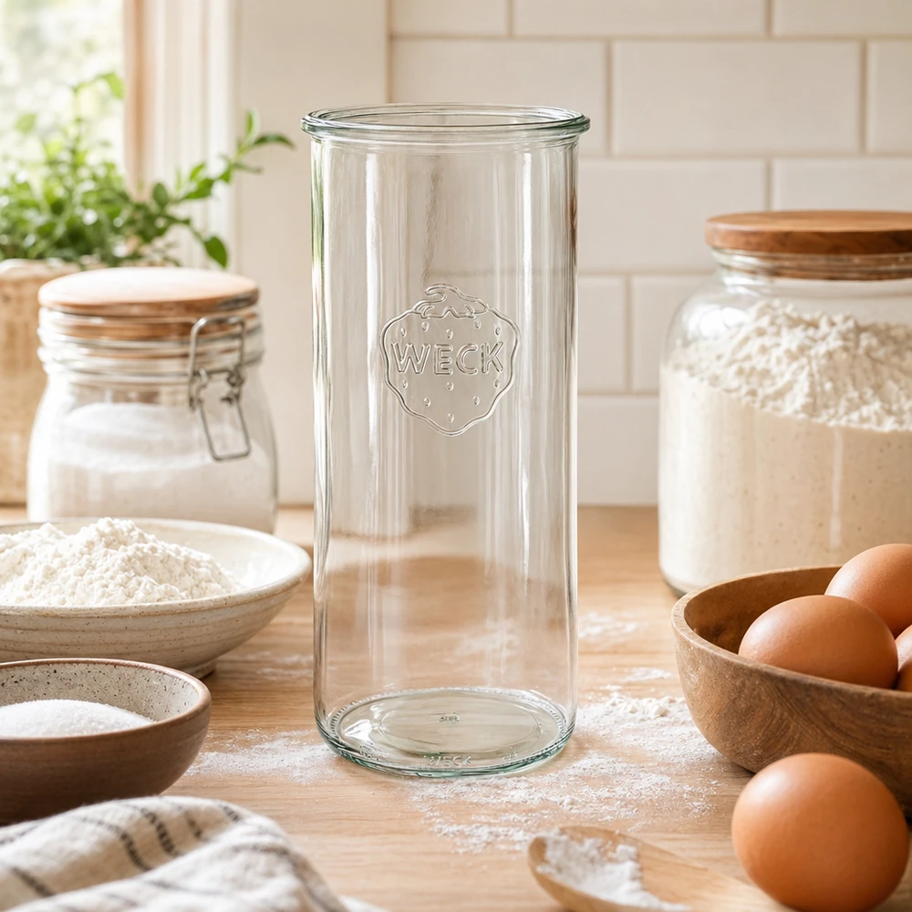 Barattolo di vetro WECK RR100 da 1500 ml Barattolo in vetro WECK RR100 da 1500 ml in una cucina rustica con uova e farina su un piano di lavoro in legno