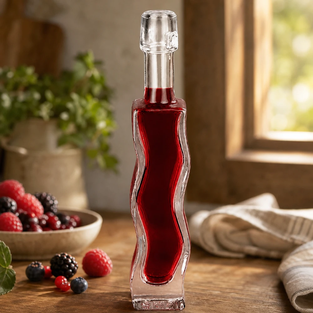 Bottiglia di vetro da 40 ml Anna riempita con succo di bacche rosse Decorazione di frutti di bosco Scenario di cucina Esempio di utilizzo Liquore