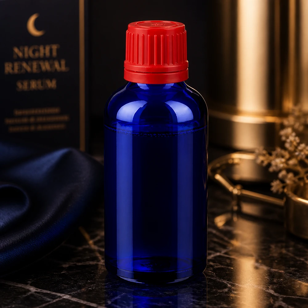 Flacone contagocce 50ml in vetro blu con tappo rosso SV 11mm OV BlueLine UT18/50