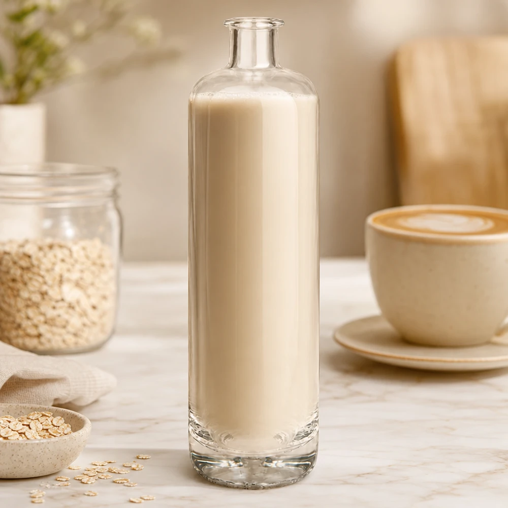 Bottiglia di vetro da 700 ml di Ella riempita di latte d'avena cremoso accanto a fiocchi d'avena e tazza da caffè in una scena di cucina naturale
