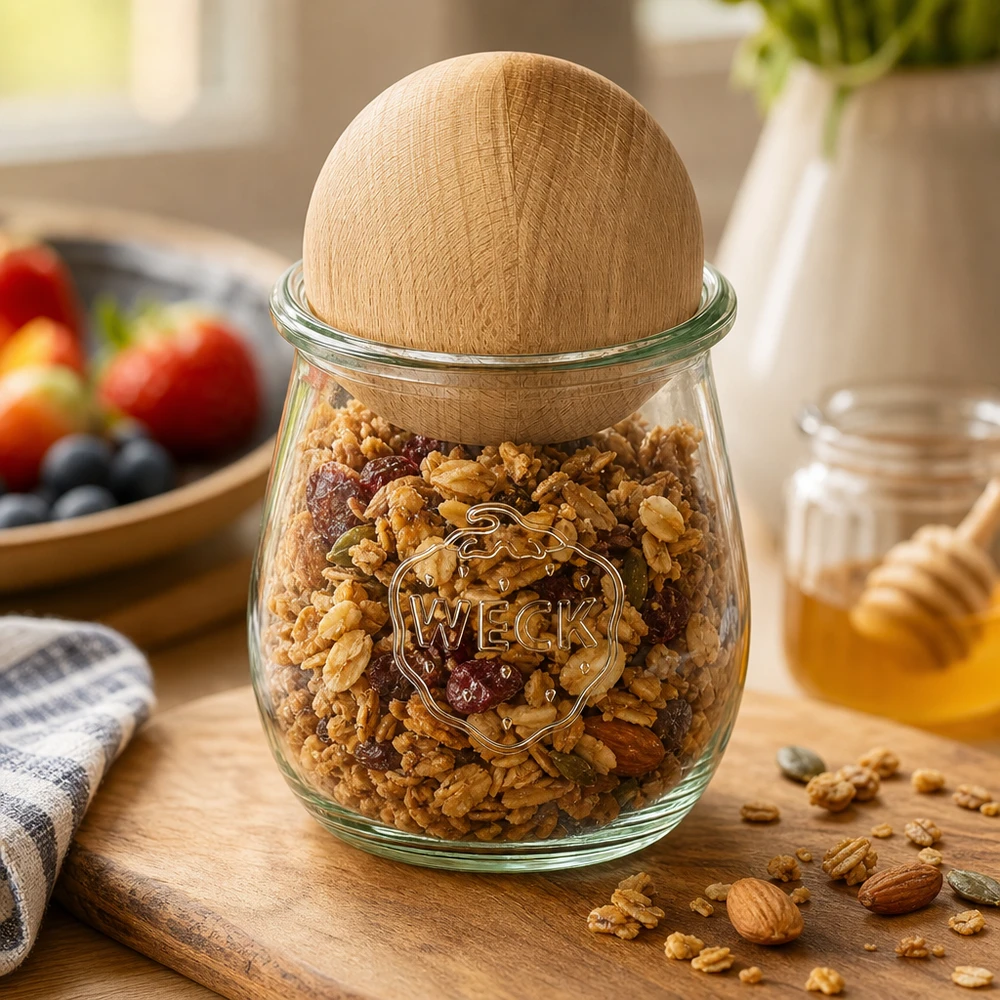 Vaso per tulipani da 220 ml WECK RR60 con sfera in legno di faggio WECK vaso a tulipano 220ml con sfera di faggio riempito di noci e frutta secca, barattolo di stoccaggio per la cucina