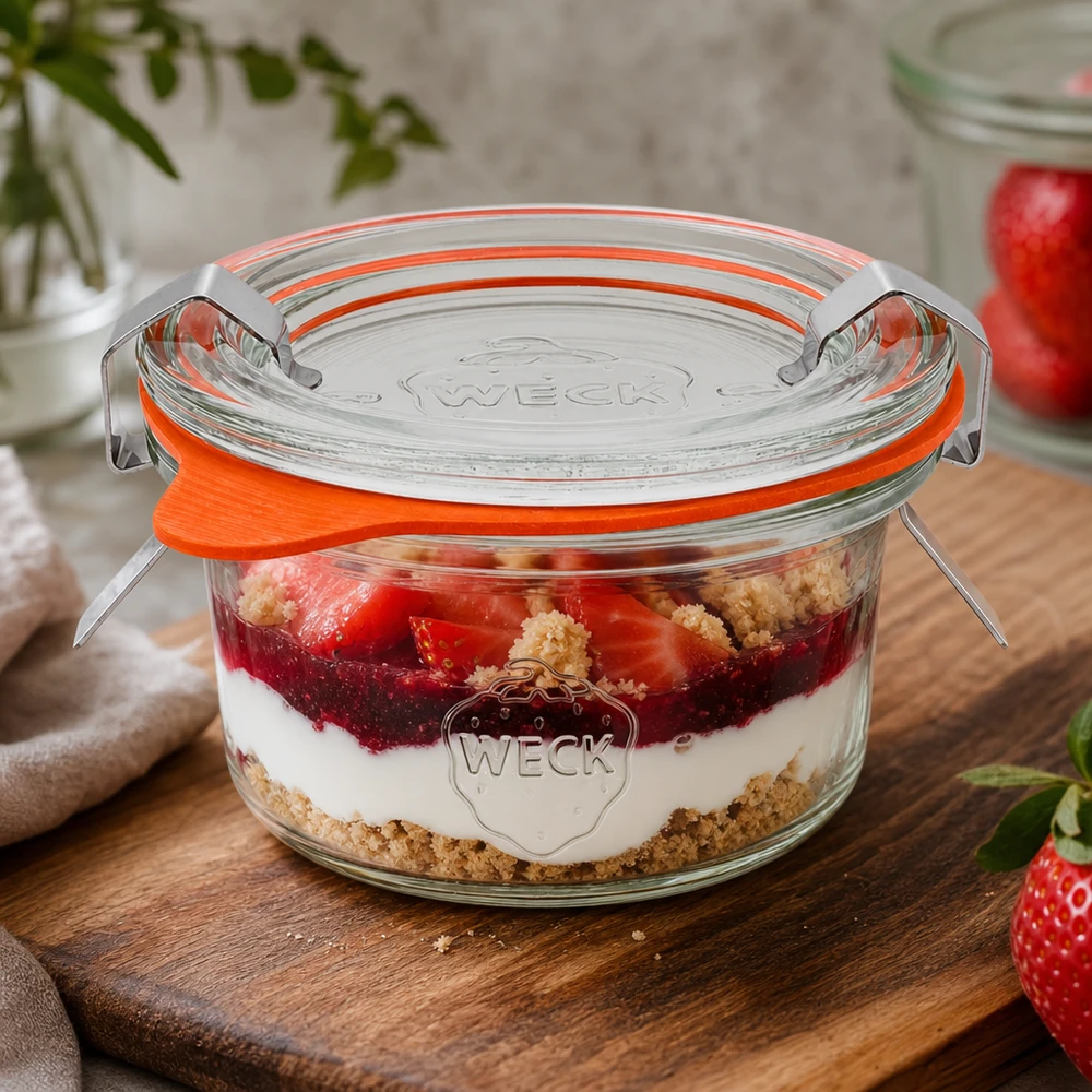 50ml Sturzglas komplett WECK RR60 WECK 50ml Sturzglas RR60 mit Schichtdessert aus Erdbeeren und Sahne als Anwendungsbeispiel für süße Nachspeisen