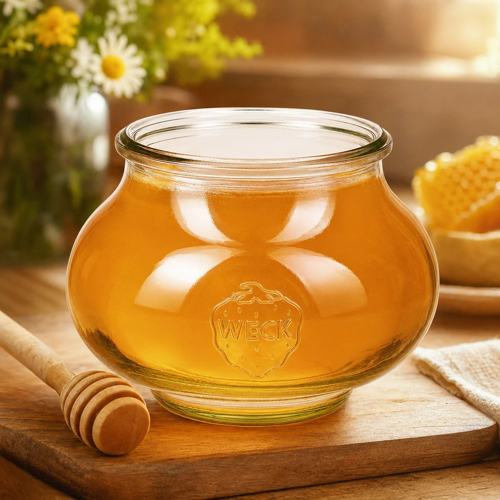 Barattolo di vetro decorativo WECK RR80 da 560 ml Vaso da gioielleria WECK da 560 ml RR80 riempito di miele dorato lucido, cucchiaio da miele e favo su tavola di legno