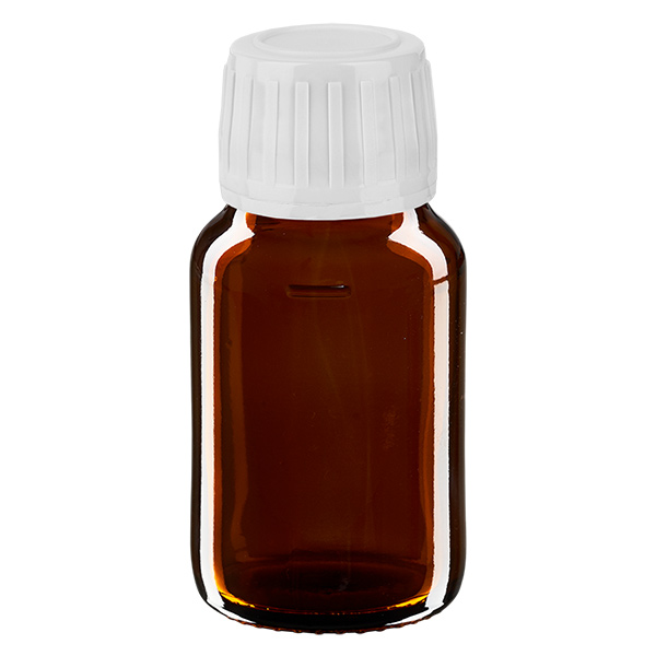 Flacone per medicinali 30. marrone PP28. con tappo a vite bianco. Flacone per medicinali 30. marrone PP28. con tappo a vite bianco.