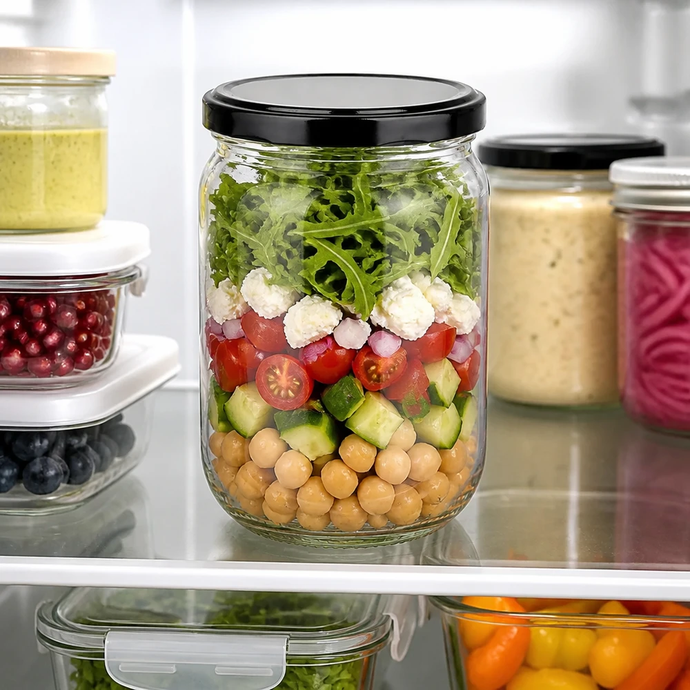 Meal Prep Salat im Glas 555ml Rundglas BasicSeal Schwarz mit Kichererbsen und Tomaten