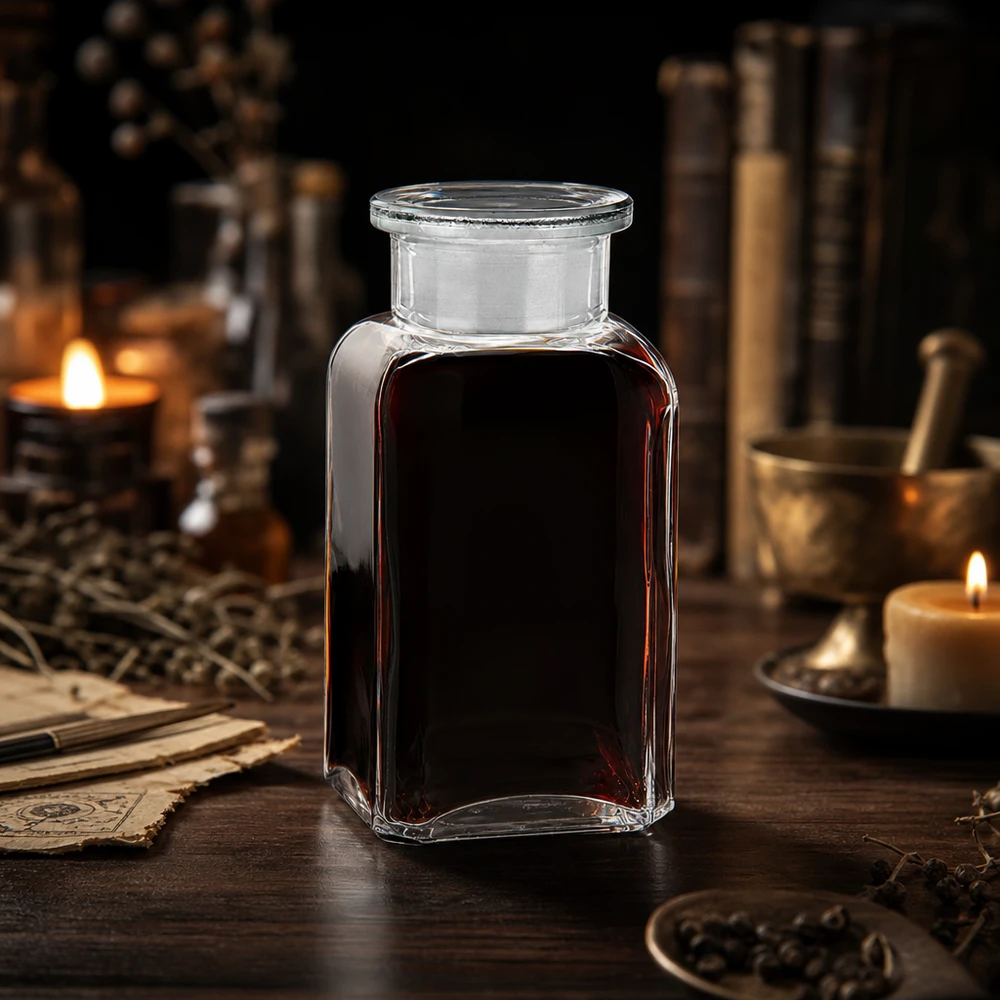 Bottiglia quadrata da 100 ml in vetro trasparente a collo largo con tappo in vetro NS Bottiglia quadrata da 100 ml trasparente, contenente un estratto scuro, davanti a erbe aromatiche e libri antichi