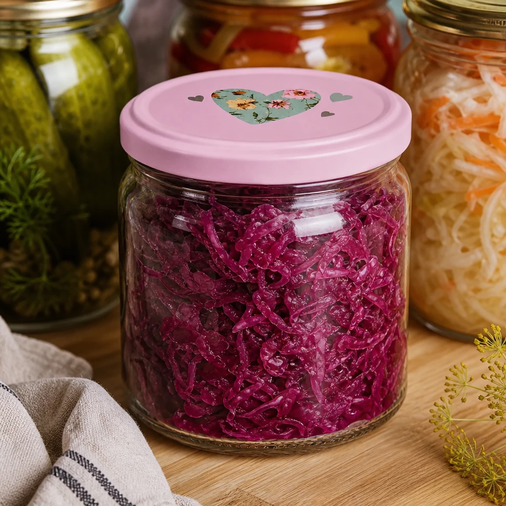 408ml Rundglas + BasicSeal Deckel Herz rosa UNiTWIST 408ml Rundglas mit rosa Herz-Deckel gefüllt mit fermentiertem Rotkohl zwischen anderen Einmachgläsern