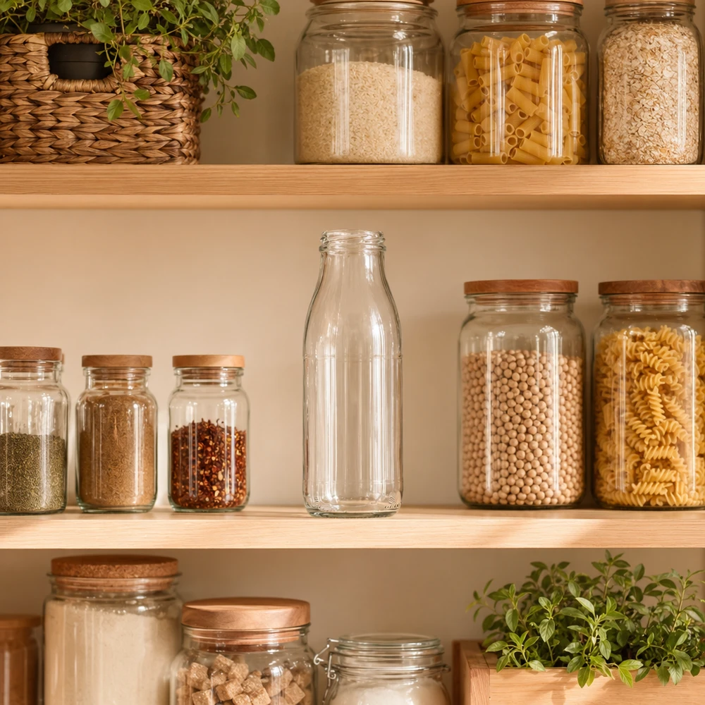 500ml Glasflasche ohne Deckel (TO48) UNiTWIST 500ml Glasflasche TO48 UNiTWIST in moderner Vorratsküche zwischen Gewürzgläsern und Pasta-Behältern auf Holzregalen