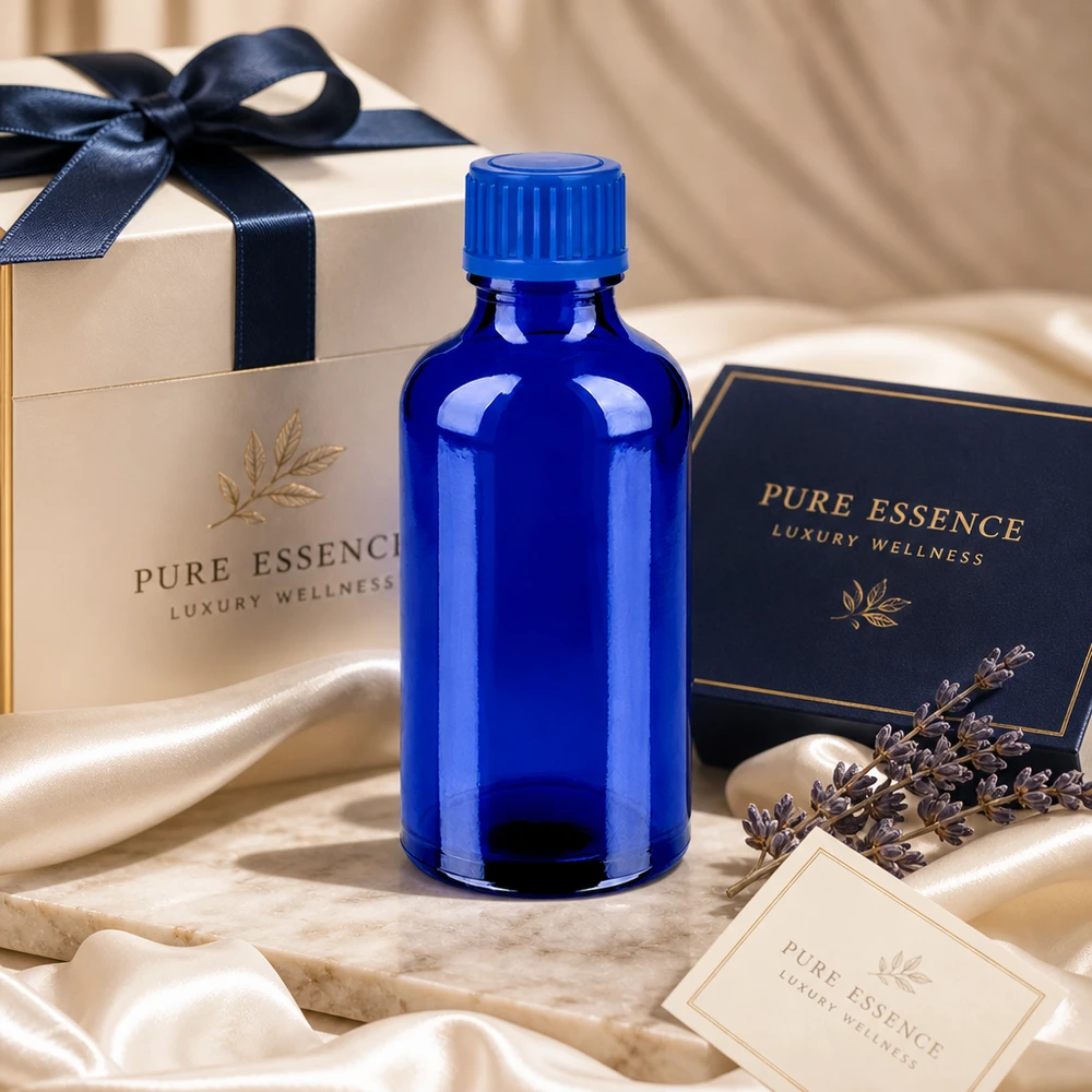 Flacone in vetro blu premium da 50 ml con tappo STD per prodotti di bellezza e benessere