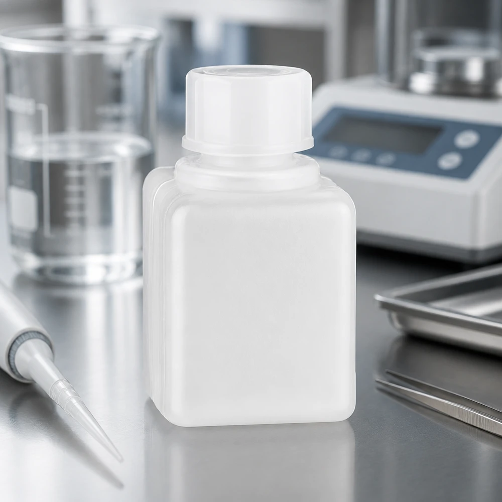 Flacon à produits chimiques 20 ml à col étroit, PEHD couleur naturelle, avec bouchon GL 18 Flacon carré en PE-HD de 20 ml, couleur naturelle, à col étroit, avec pipette de transfert en arrière-plan