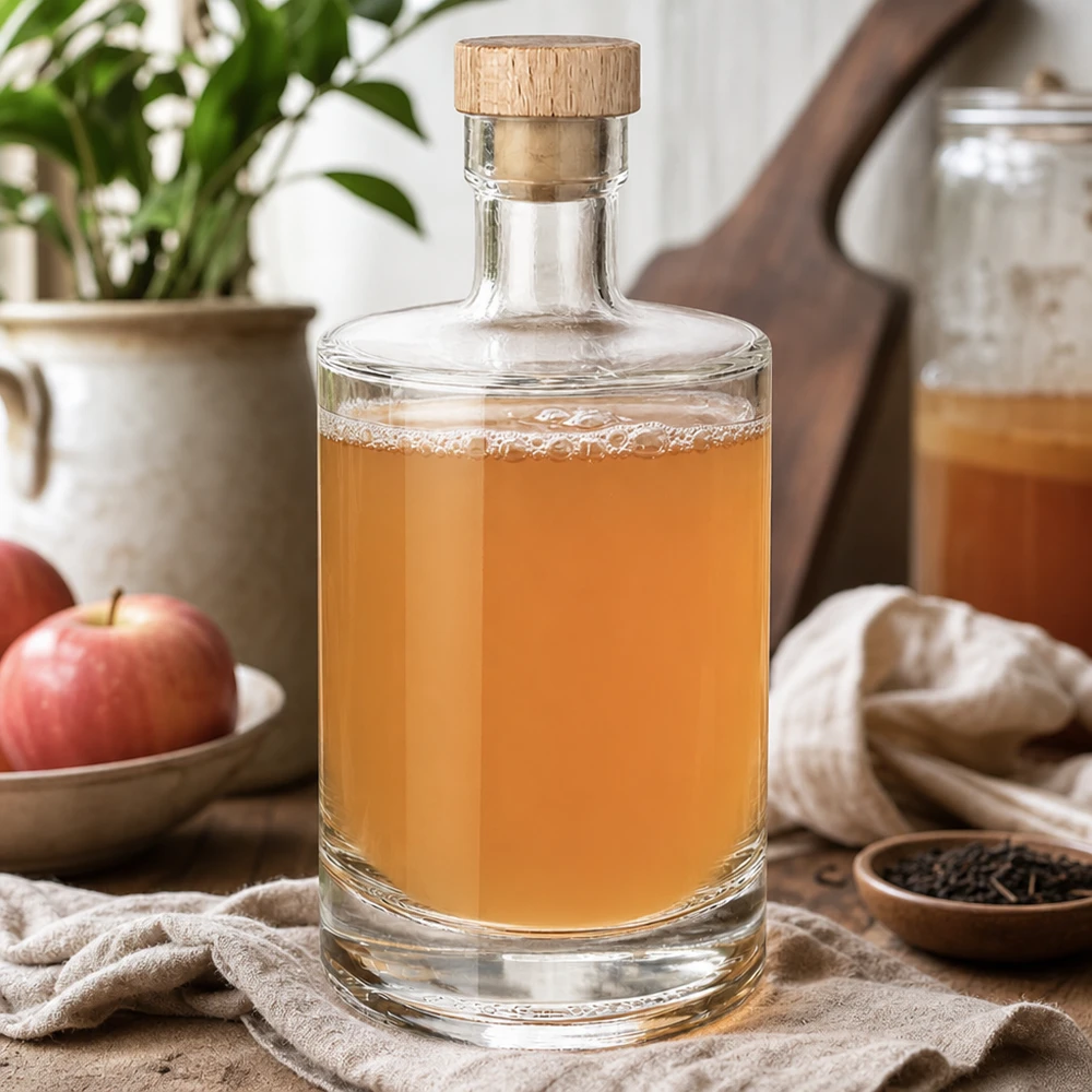Bottiglia in vetro da 500 ml Marie riempita di liquore alle mele - tappo in legno UNiTWIST - Natura morta in cucina con mele e spezie