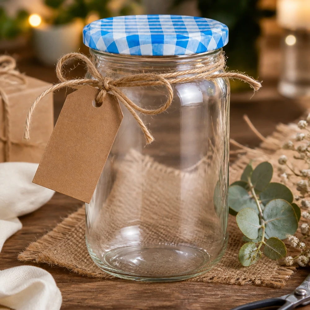 Barattolo rotondo da 1062 ml vuoto con etichetta regalo e cordoncino di iuta, coperchio BasicSeal blu e bianco, presentazione decorativa