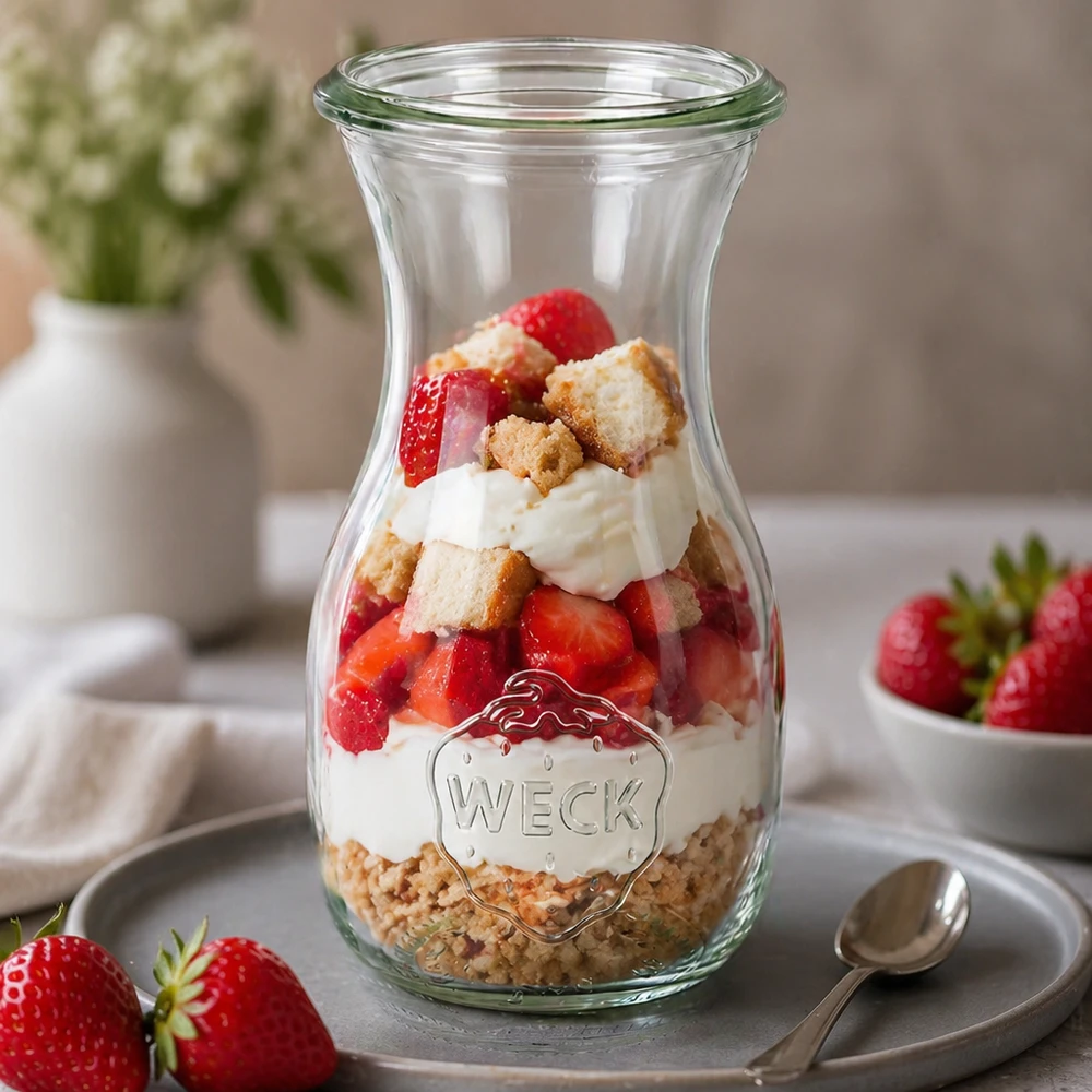 Bottiglia per succhi da 290 ml WECK RR60 Bottiglia di succo WECK 290ml RR60 come barattolo da dessert con fragole, panna e biscotti decorati su un piatto grigio