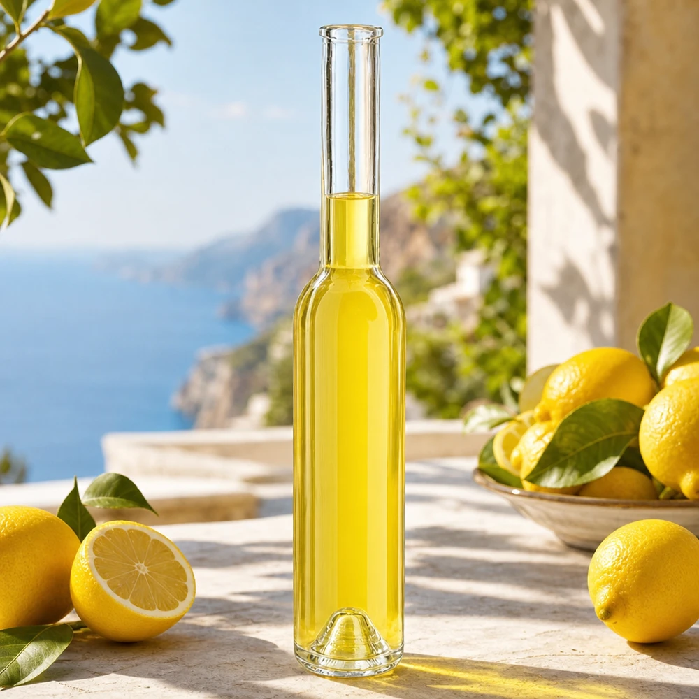 Glasflasche Hugo 200ml gefüllt mit gelber Flüssigkeit Limoncello Zitronen mediterrane Atmosphäre Lifestyle