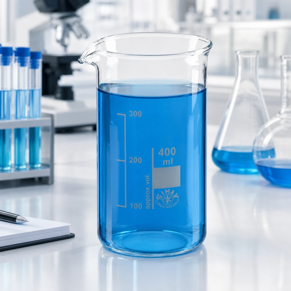 Bicchiere da 400 ml in vetro borosilicato, forma alta Foto di laboratorio: becher da 400 ml di forma alta contenente un liquido blu su un tavolo da laboratorio bianco