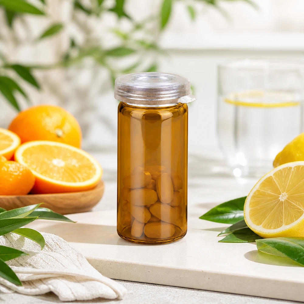 Tabletten/Rollrandglas 5ml klar mit Schnappdeckel Kompaktes Schnappdeckelglas 5ml aus lichtgeschütztem Glas für pharmazeutische Tabletten