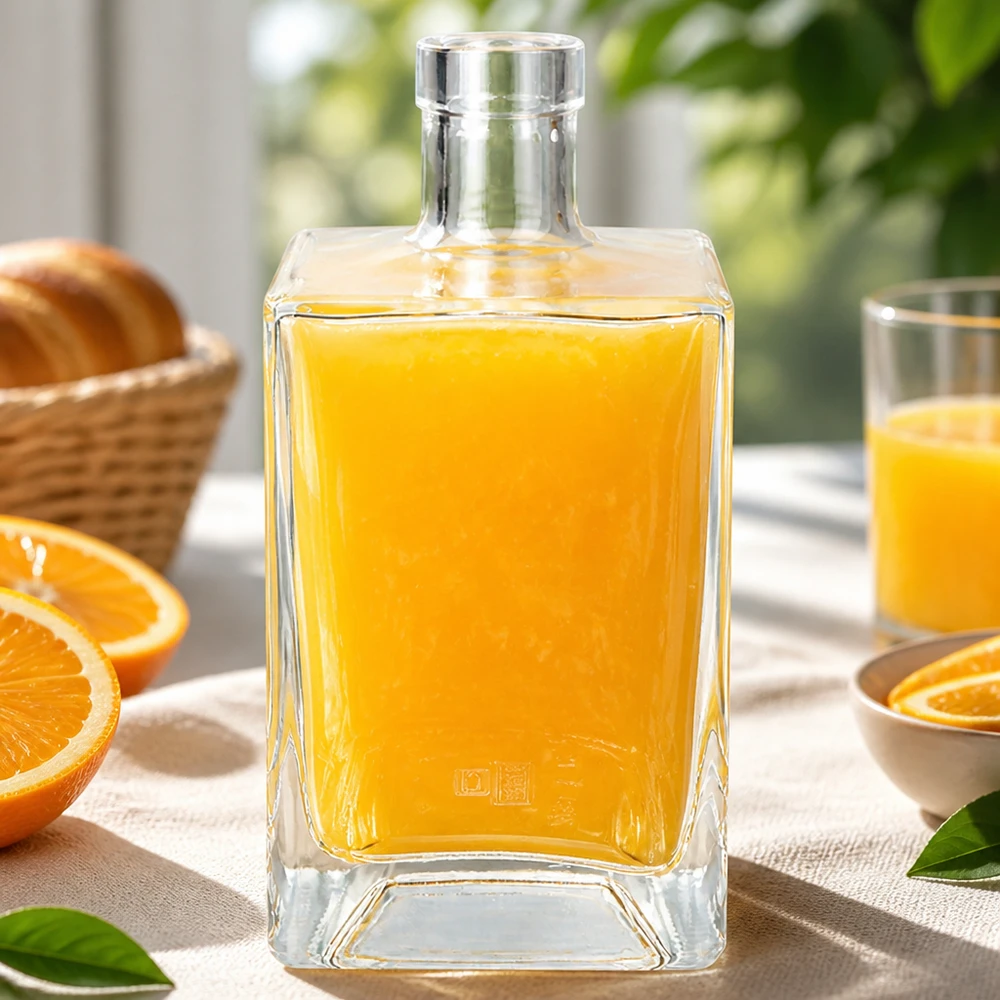 Bottiglia di vetro da 700 ml di Ben riempita di succo d'arancia su un tavolo da colazione apparecchiato con arance fresche e pasticcini