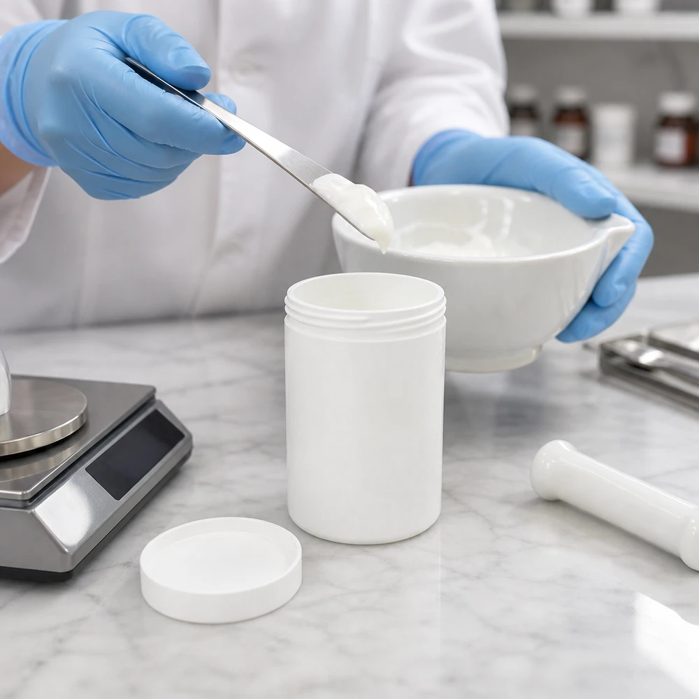 Pot à onguent blanc 250 g avec couvercle blanc (PP) Remplissage d'un pot à pommade cylindrique blanc de 250 g avec une base de préparation fraîchement mélangée