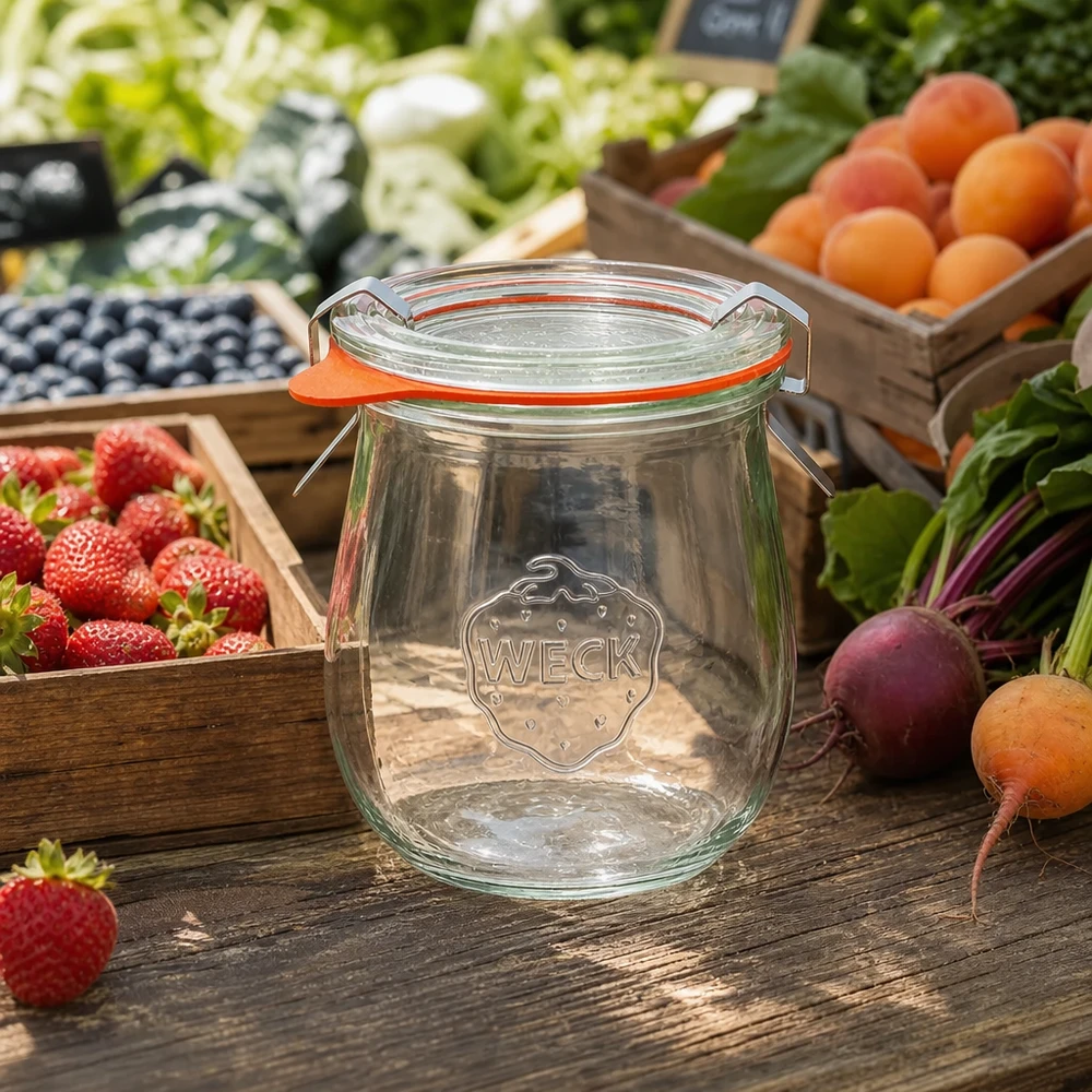Vaso a tulipano da 220 ml completo WECK RR60 WECK vaso a tulipano 220ml RR60 vuoto su un tavolo di legno circondato da frutta e verdura fresca del mercato set di barattoli per conserve