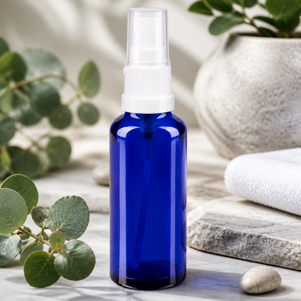 Apothekenflasche blau 10ml Sprayaufsatz schwarz 10ml Flakon mit Sprühmechanismus in tiefblauem UV-Schutzglas für Kosmetikanwendung