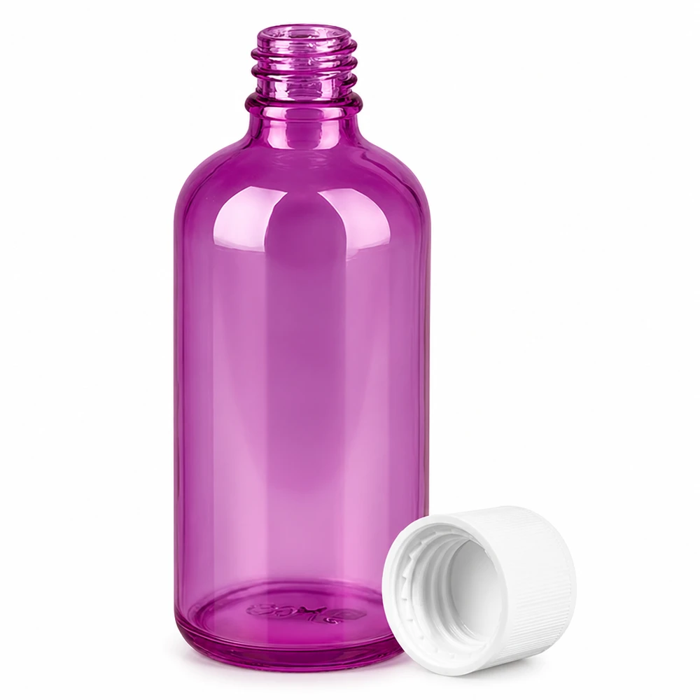 Flacone in PET viola da 100 ml con tappo bianco perfetto per sieri, oli e cosmetici liquidi