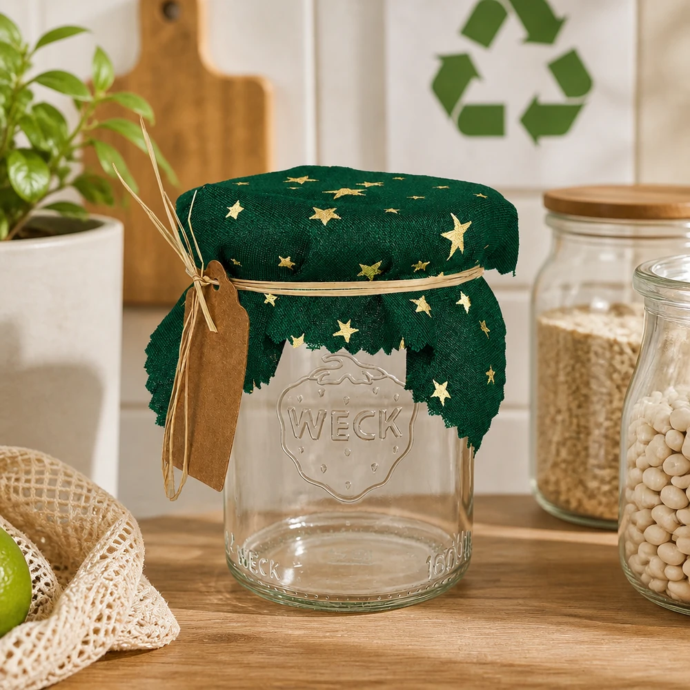 Centrino per gioielli in tessuto verde "stelle" 12cm quadrato Centrino a stella verde con nastro di rafia e ciondolo su vaso Weck in cucina sostenibile 12 cm quadrati