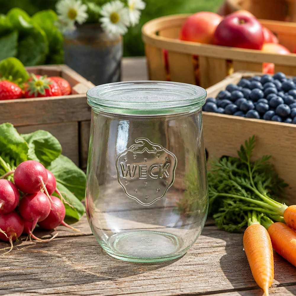 Barattolo a tulipano da 1062 ml con coperchio in vetro WECK RR100 WECK vaso a tulipano 1062ml coperchio in vetro RR100 Conservazione di frutta fresca verdure ravanelli carote mirtilli tavolo in legno
