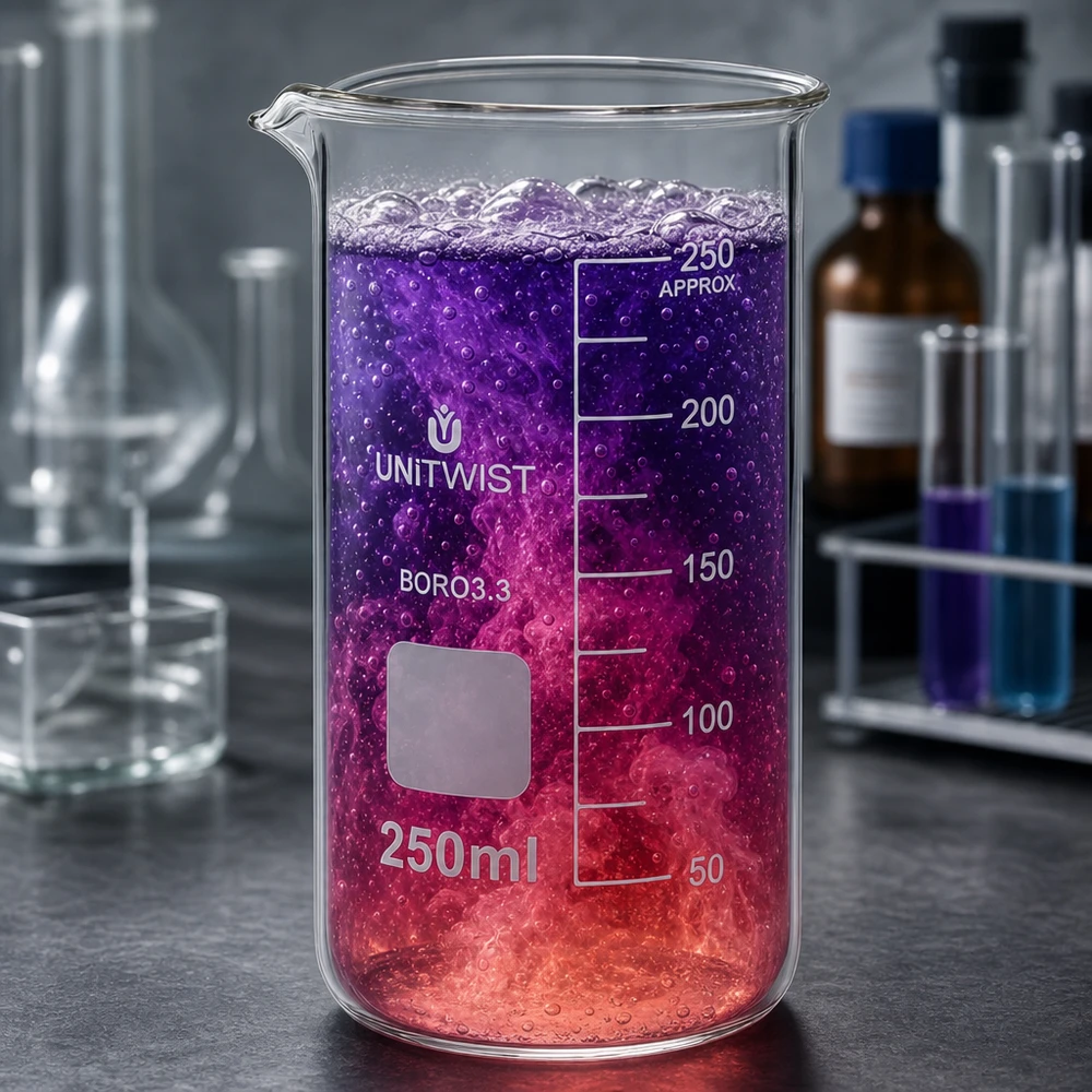 Bicchiere 250ml borosilicato, stampo alto UNITWIST UNITWIST Bicchiere da laboratorio da 250 ml, modello alto, con liquido di reazione rosso violaceo e formazione di bolle
