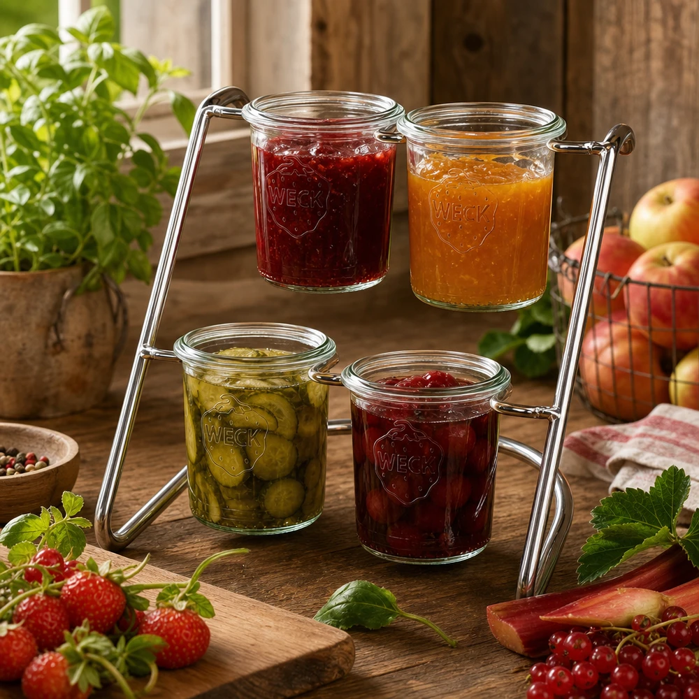 Présentoir Flato4 pour 4 bocaux WECK Serviergestell Flato4 mit gefüllten WECK Gläsern - Marmeladen und Pickles stilvoll serviert in Chromstahl-Halterung