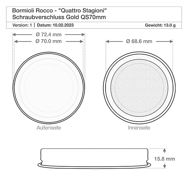Barattolo rotondo "Quattro Stagioni" da 500 ml con coperchio Disegno tecnico Quattro Stagioni 700ml Dimensioni coperchio 72,4mm diametro esterno QS70 tappo a vite oro Bormioli Roc