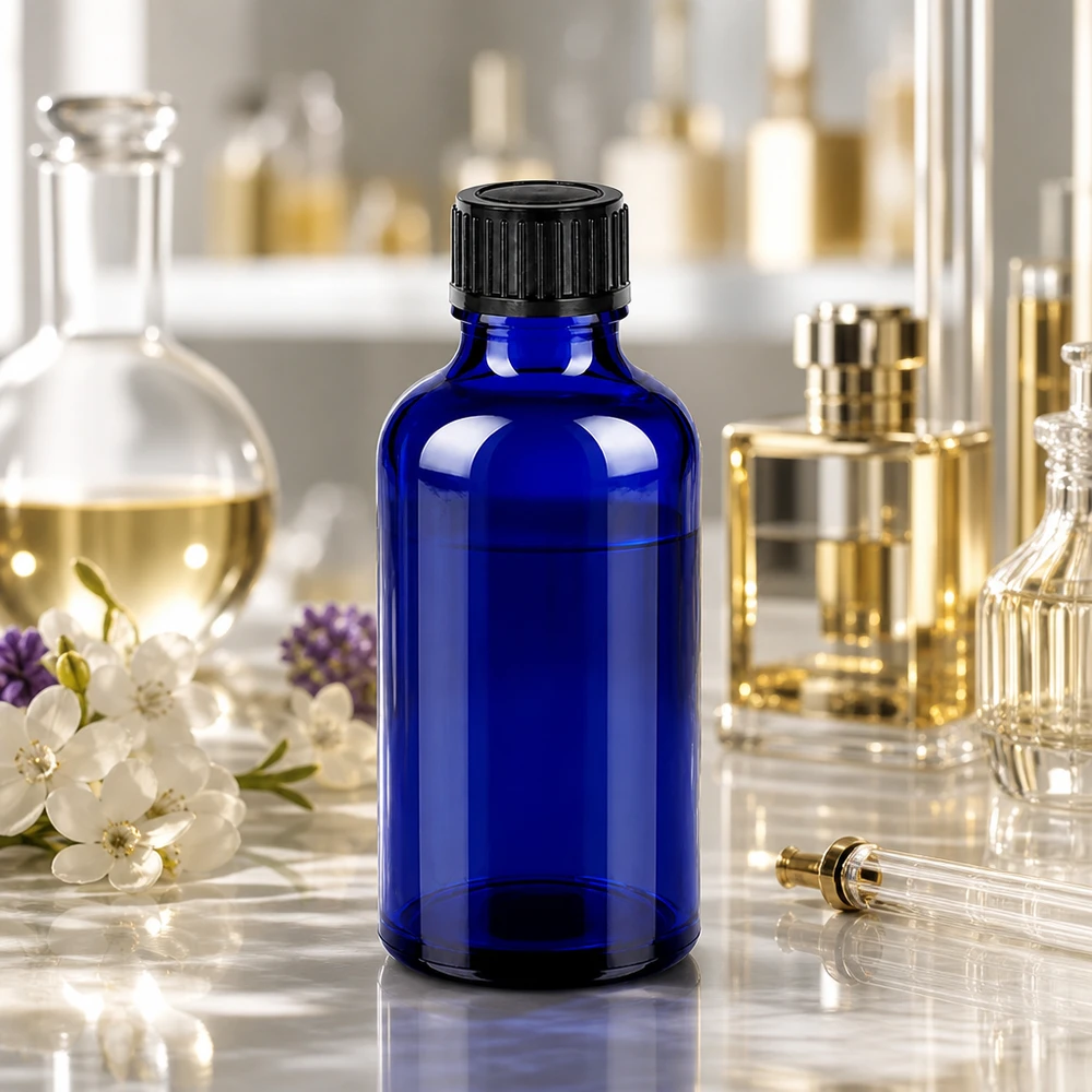Bottiglia compatta in vetro da 50 ml con tappo nero antimanomissione per la conservazione sicura dei liquidi