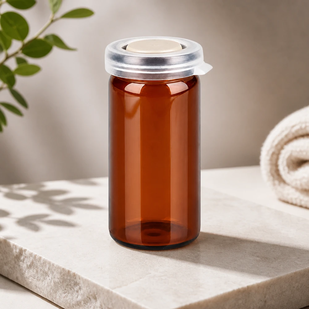 Tabletten/Rollrandglas 10ml braun mit Schnappdeckel Zylindrisches Tablettenglas 10ml Braunglas mit wiederverschließbarem Klappdeckel aus Kunststoff