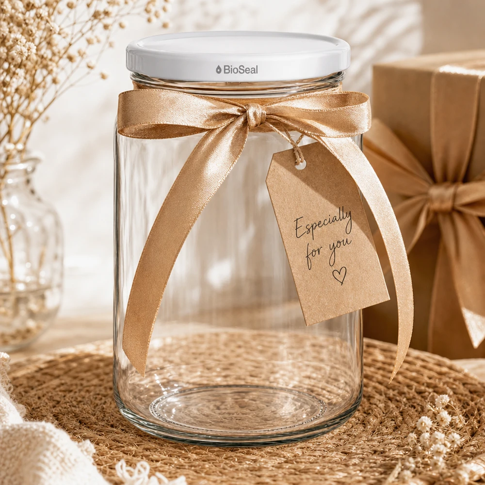 UNiTWIST Runda382 mit weissem Deckel TO66 BioSeal UNiTWIST Runda382 Geschenkverpackung mit goldener Schleife und Anhänger - dekoratives Einmachglas mit weißem BioSeal Dec